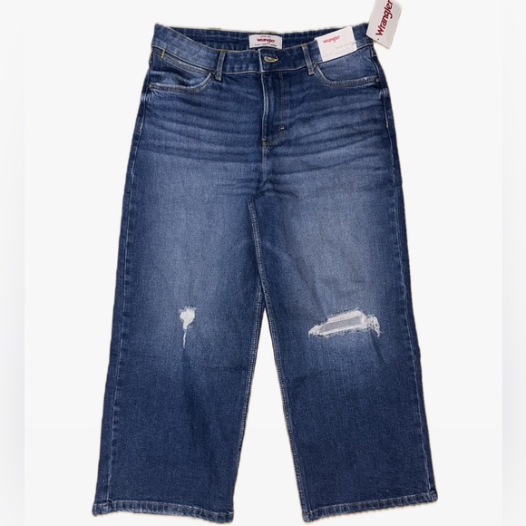 WRANGLER HIGH RISE LOOSE STRAIGHT CROPPED JEANS DENIM PANTS DISTRESSED WIDE NWT - Picture 1 of 8